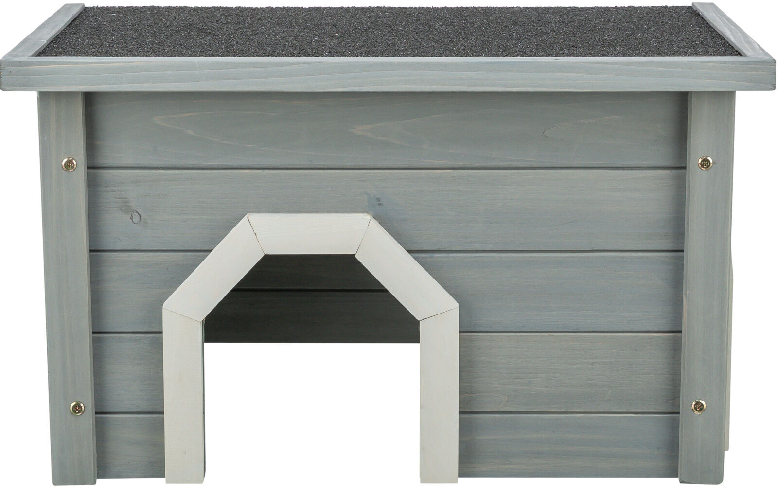 Graues Holzhaus mit schwarzem Dach, rechteckiger Eingang unten in der Mitte, horizontalen Planken an den Seiten.