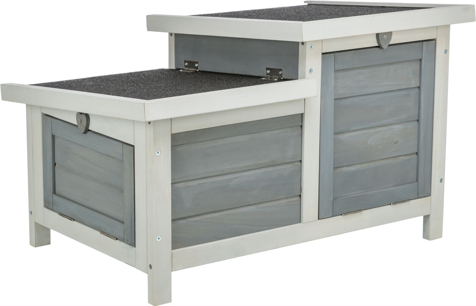 Holzschrank mit grauen und weißen Paneelen, zwei Klappen oben, und Herzdetail an der Front.