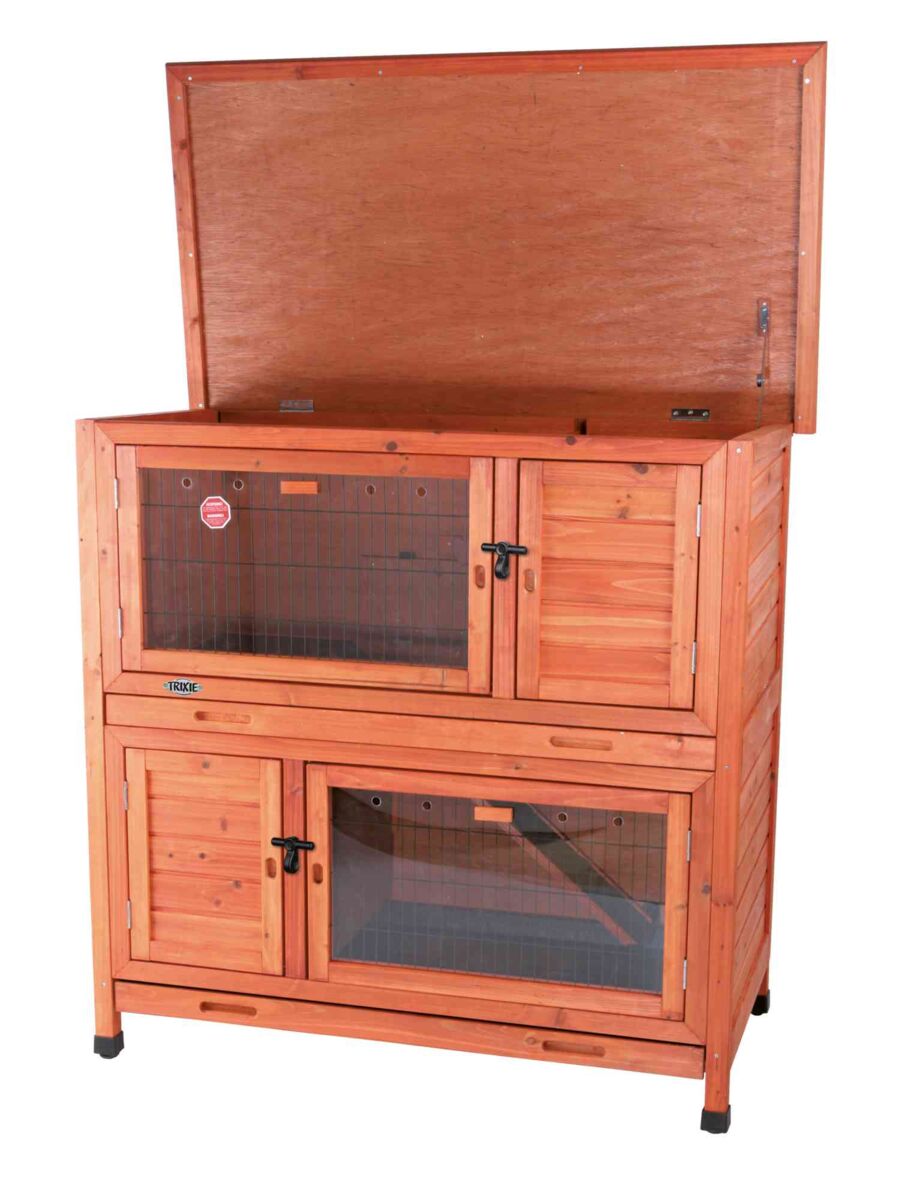 Holz-Tierkäfig mit zwei Ebenen, geöffnetem Dach, Gittertüren und schwarzen Verschlüssen.