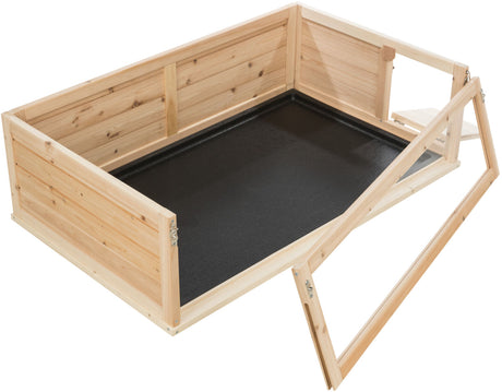 Holzrahmen mit geöffnetem Deckel und rechteckiger schwarzer Fläche im Inneren, klar umrissene Struktur.