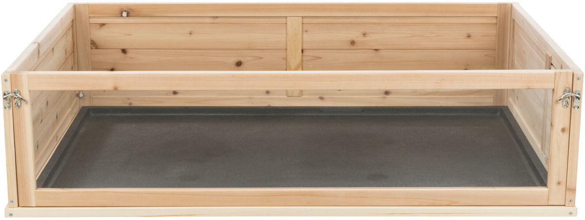 Holzrahmenbox mit transparenten Frontwänden und einem grauen Boden, geeignet als Terrarium.