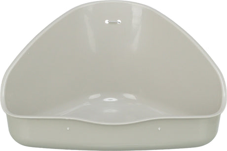 Dreieckige, graue Katzentoilette ohne Haube mit glatter Oberfläche und niedrigerer Vorderseite.