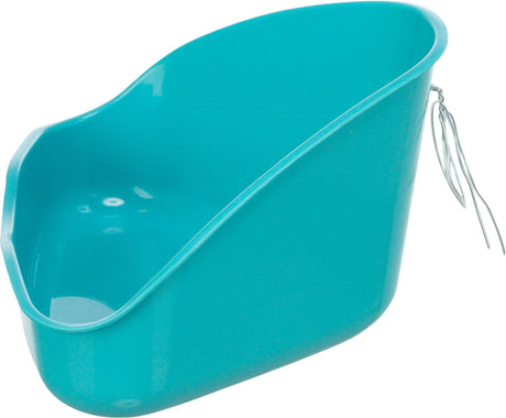 Eine türkisfarbene, geschwungene Plastikschale mit einem Metallgriff an der Seite.