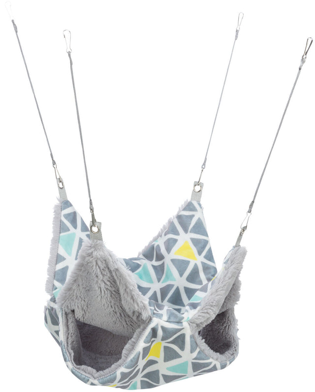 Graue Hängematte mit geometrischem Muster in Türkis und Gelb, vier Haken an Kabeln zur Befestigung.