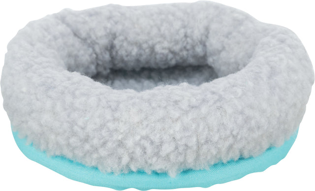Rundes, flauschiges Bett in Hellgrau mit hellblauem Rand.