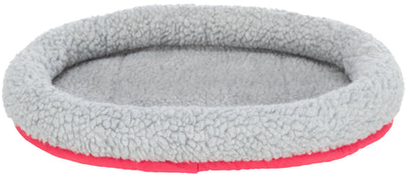 Ovale, flauschige Unterlage in Grau mit rotem Rand, geeignet als Bett oder Polster.
