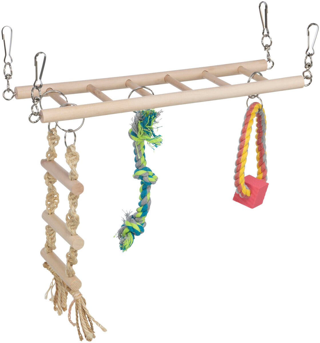 Holzleiter mit drei farbigen Seilspielzeugen, mit Clips zum Aufhängen, in Beige, Blau, Grün und Rot.