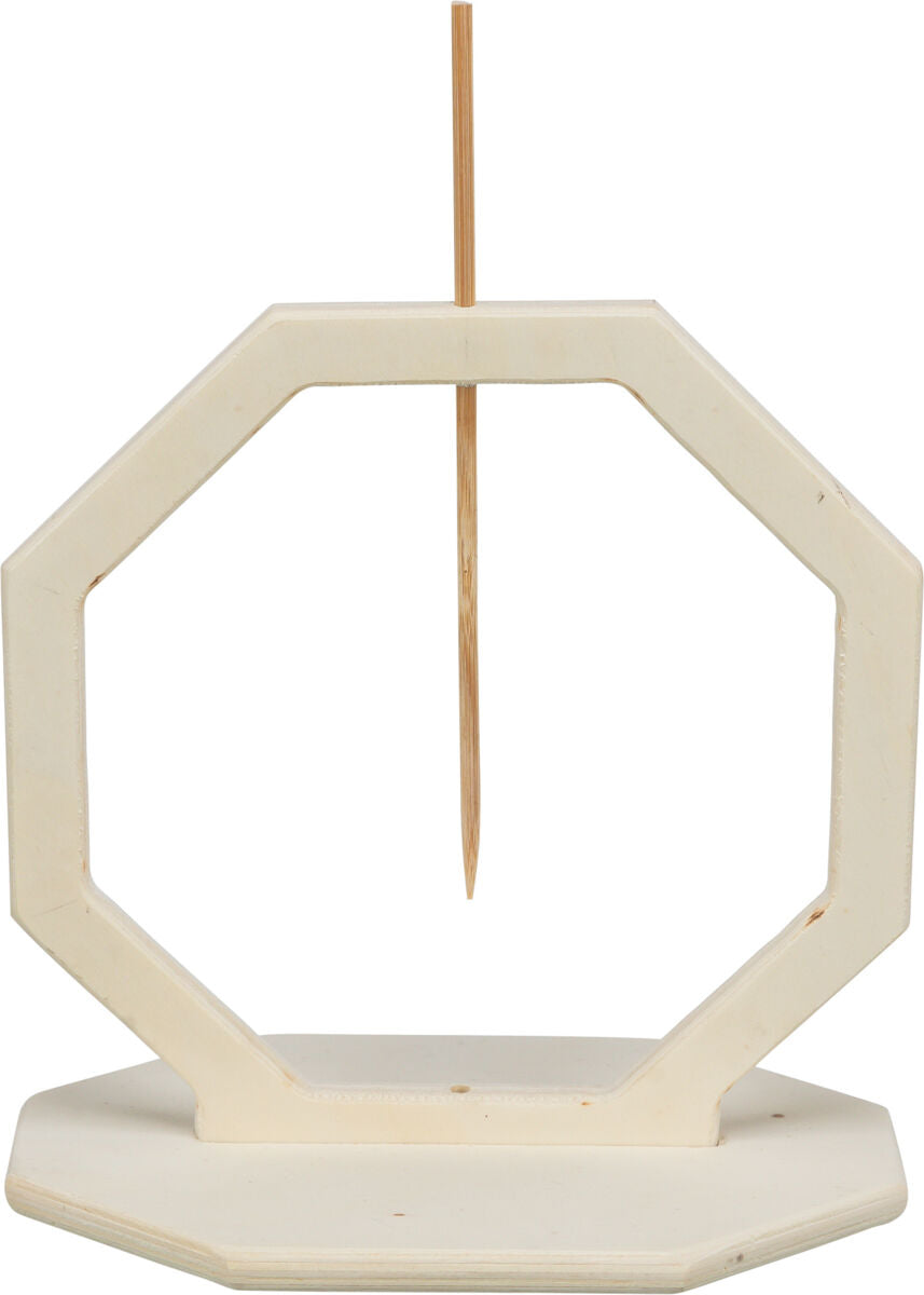 Ein achteckiger, beigefarbener Holzrahmen mit vertikalem Holzstab auf einer flachen Basis.