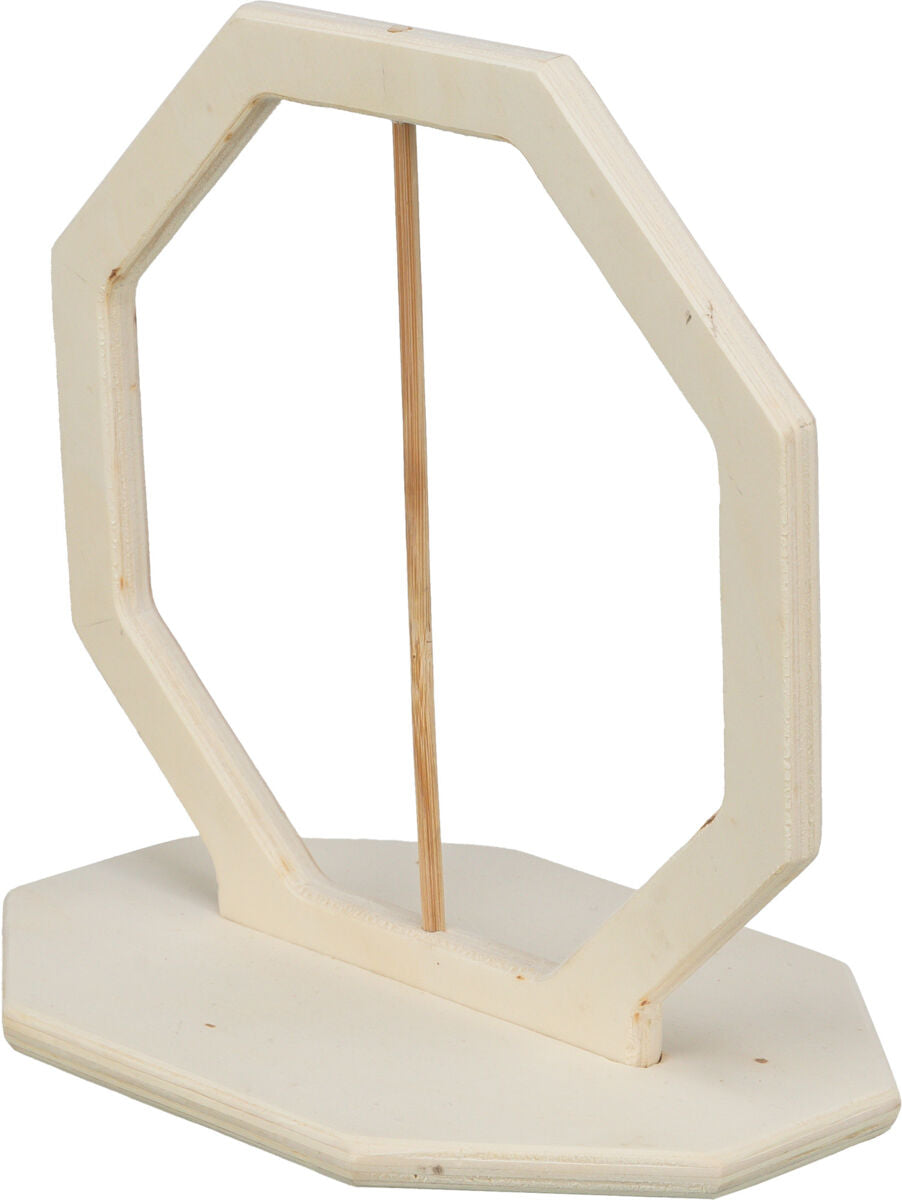 Holzgestell in achteckiger Form auf rechteckiger Basis, mit vertikaler Stange in der Mitte, naturbelassen.