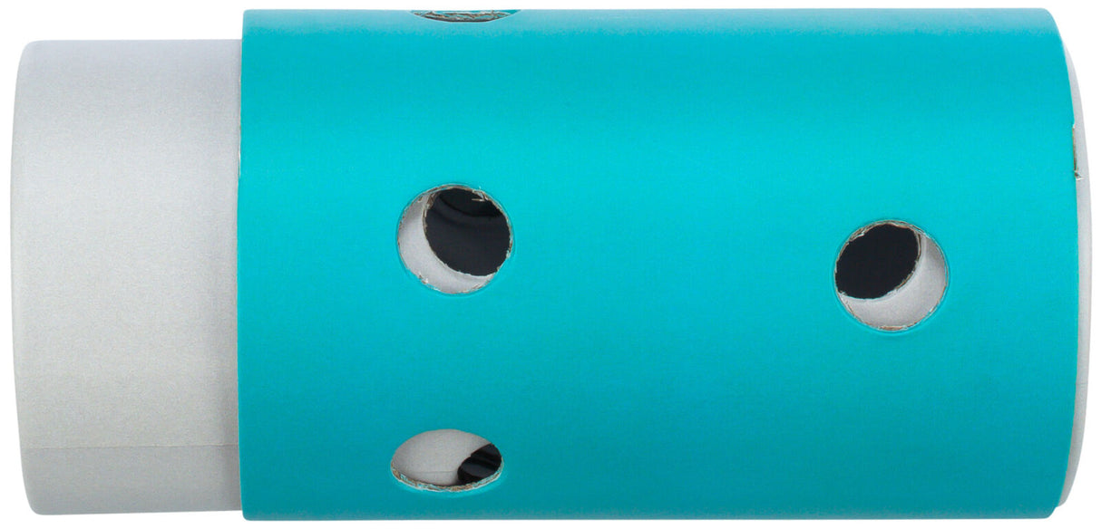 Zylinderförmiges Objekt mit türkisfarbener Hülle und mehreren kreisförmigen Öffnungen an den Seiten.