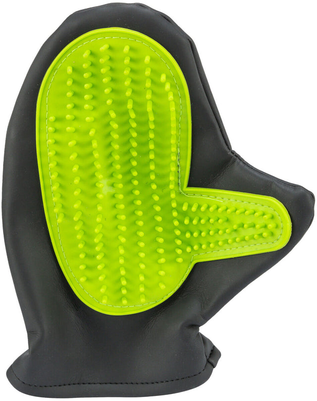 Schwarzer Handschuh mit grüner, genoppter Gummifläche auf einer Seite.