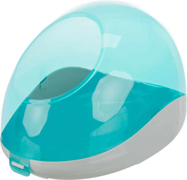 Rundes, türkisfarbenes Objekt mit einem ovalen Eingang und einer weißen Basis.