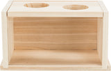 Holzrahmen mit zwei runden Öffnungen oben, heller Holzton, rechteckige Form, keine sichtbaren Dekorationen.
