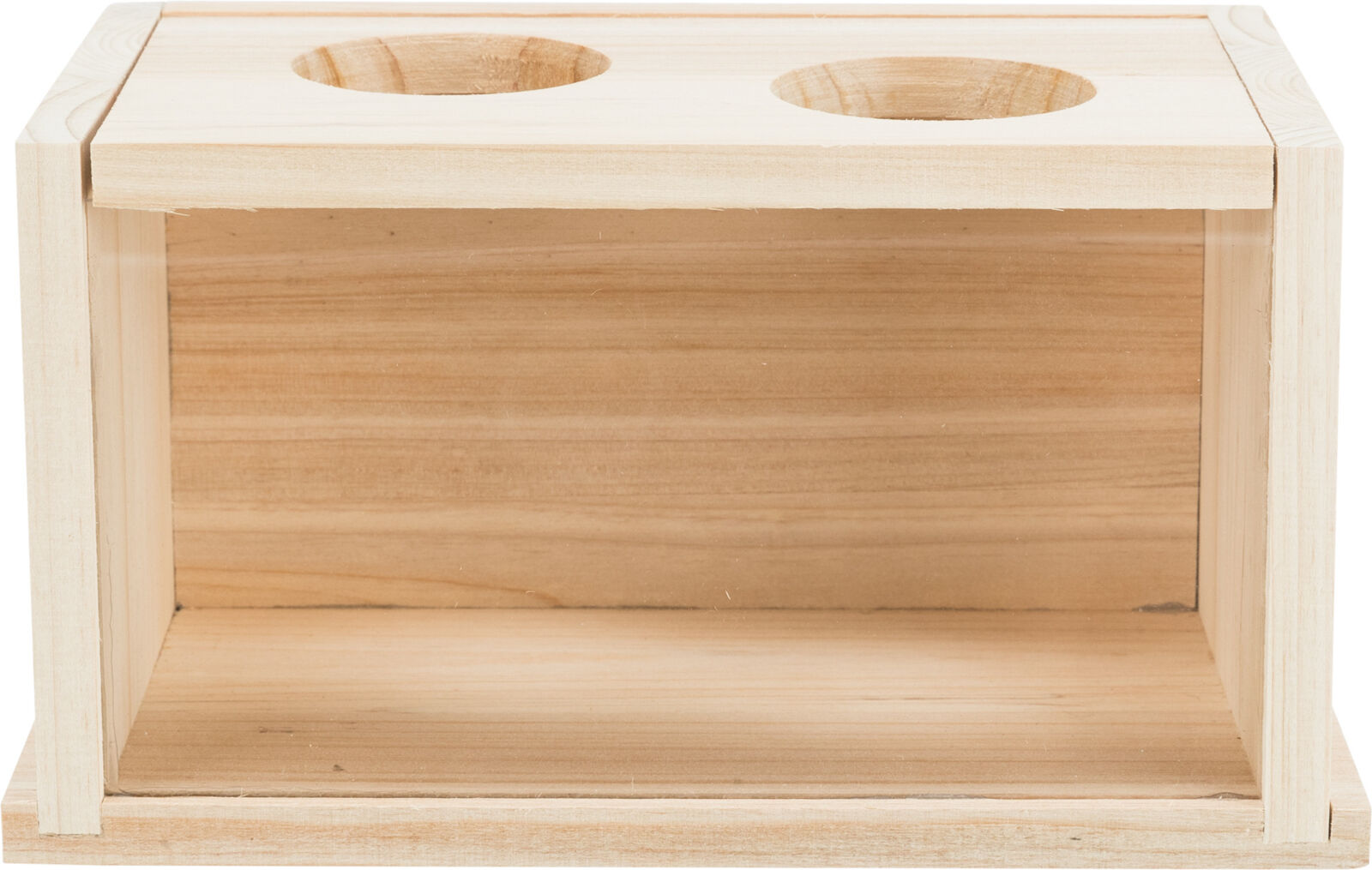 Holzrahmen mit zwei runden Öffnungen oben, heller Holzton, rechteckige Form, keine sichtbaren Dekorationen.
