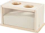 Holzkiste mit zwei runden Öffnungen oben, gefüllt mit feinem weißem Sand, Vorderseite transparent.