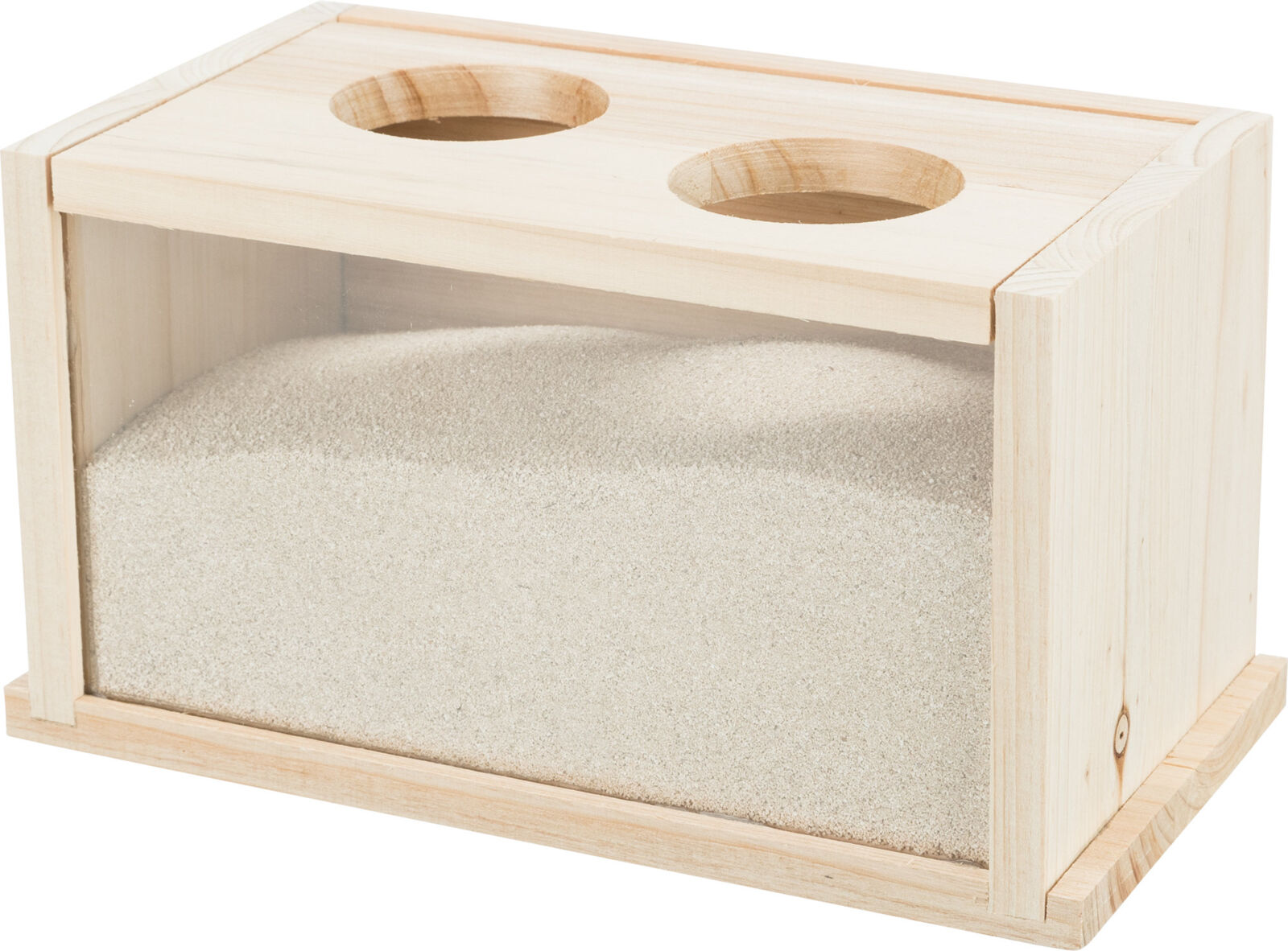 Holzkiste mit zwei runden Öffnungen oben, gefüllt mit feinem weißem Sand, Vorderseite transparent.