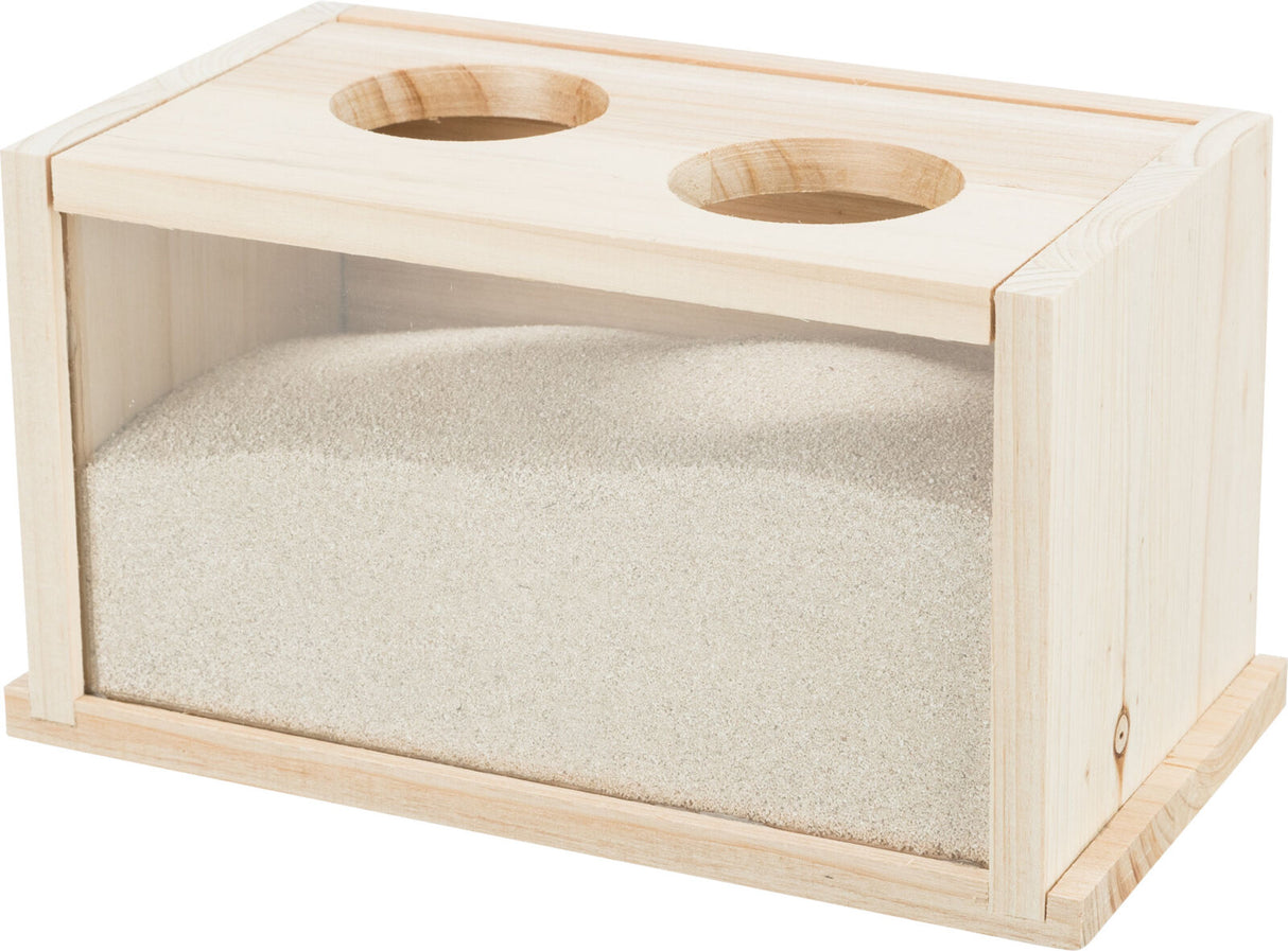 Holzkiste mit zwei runden Öffnungen oben, gefüllt mit feinem weißem Sand, Vorderseite transparent.