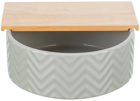 Keramikschüssel mit Zickzackmuster und passendem Holzdeckel, graue Schale und heller Deckel.