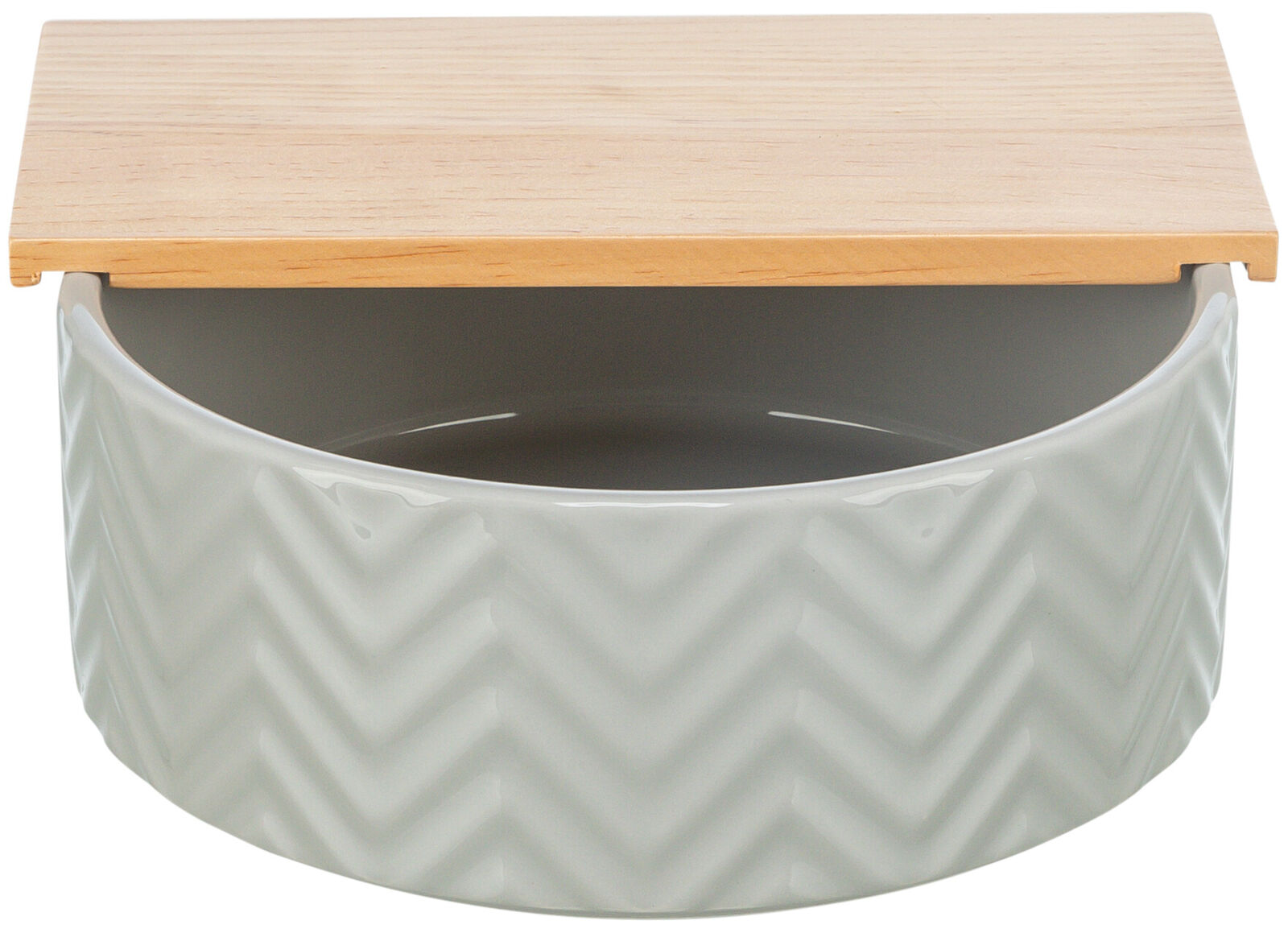 Keramikschüssel mit Zickzackmuster und passendem Holzdeckel, graue Schale und heller Deckel.