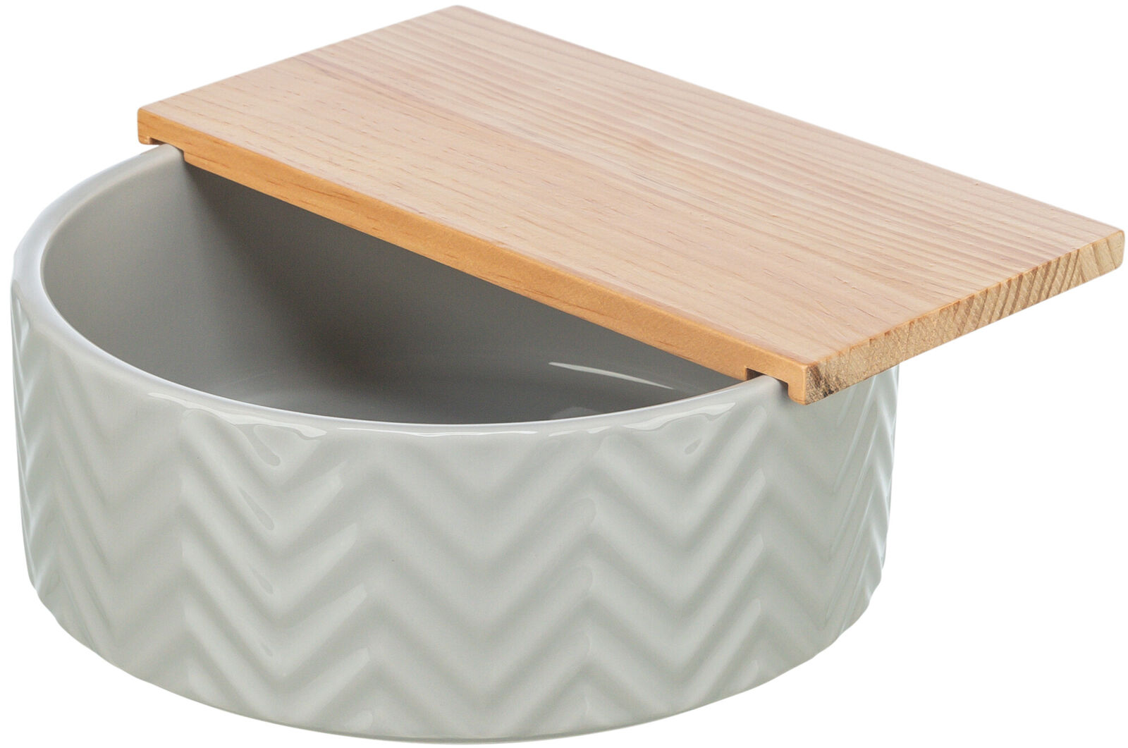 Runde, graue Keramikschale mit Zickzackmuster und einem leicht geöffneten Holzdeckel.