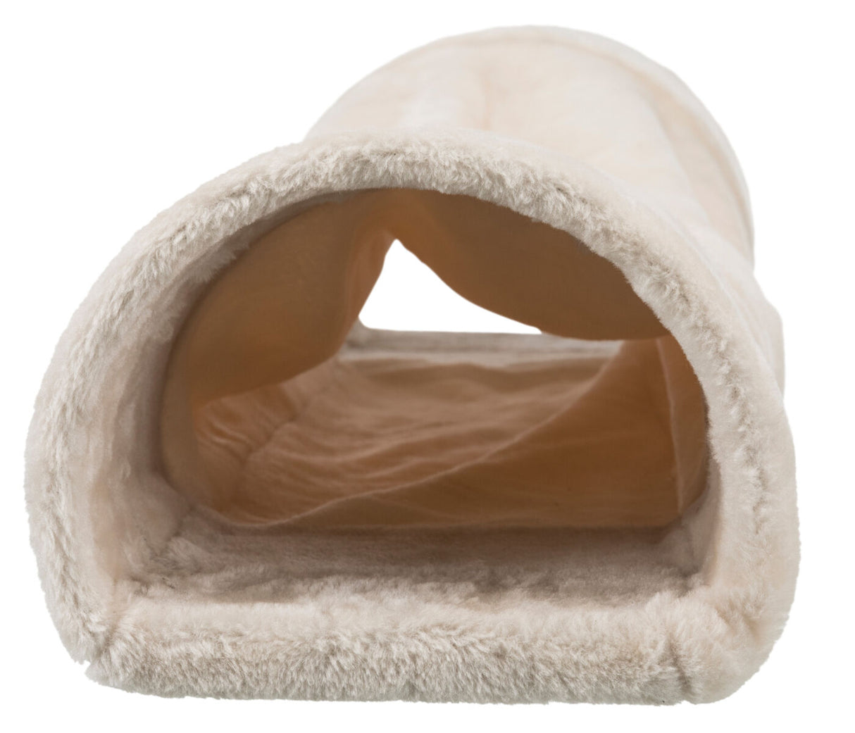 Beige Tunnel aus weichem Material mit offener Vorder- und Rückseite, glatt und flauschig im Inneren.