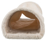 Beige Tunnel aus weichem Material mit offener Vorder- und Rückseite, glatt und flauschig im Inneren.