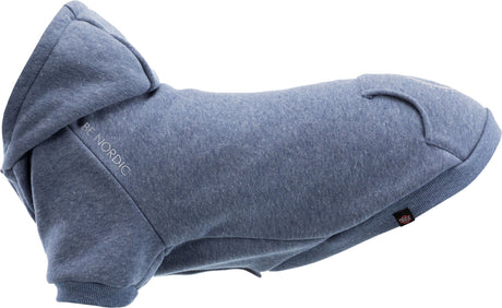 Blauer Hundemantel mit Kapuze und Schriftzug "BE NORDIC", seitlich leicht aufgeraut, mit dunklem Label.