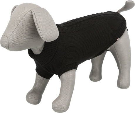 Grauer Stoffhund mit schwarzem Strickpullover, der die Details des Kleidungsstücks betont.