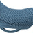 Ein blaues, gestricktes Hunde-Kleidungsstück mit einem durchgehenden Muster und einem gerippten Kragen.