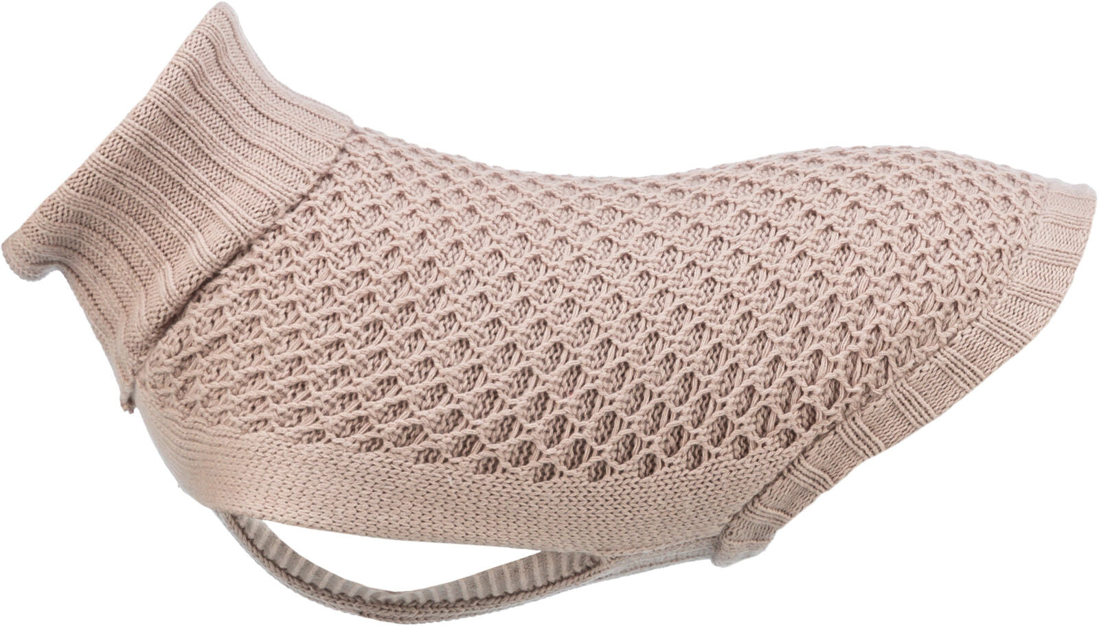 Gestrickter, hellbrauner Hundepullover mit Rippkragen und strukturiertem Muster, seitlich aufgenommen.