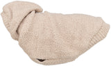 Beigefarbener, gestrickter Hundemantel mit weicher Textur.