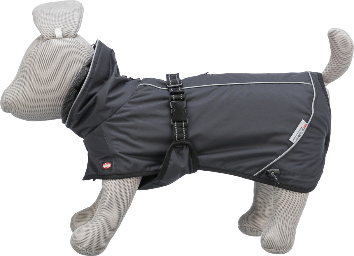 Hundemantel in Schwarz auf einem Stoffhundemodell mit verstellbarem Gurt und reflektierenden Streifen.