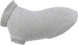 Graues, gestricktes Hundebekleidungsstück mit Rollkragen und kurzen Ärmeln, in elliptischer Form dargestellt.