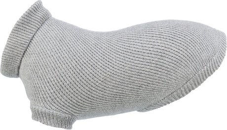 Graues, gestricktes Hundebekleidungsstück mit Rollkragen und kurzen Ärmeln, in elliptischer Form dargestellt.