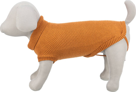 Grauer Hundemantel auf einem weißen Hundemodell, gestrickt in leuchtendem Orange mit Rollkragen.