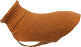 Brauner Strick-Hundemantel mit Rollkragen und Riemen, deutlich gewebte Struktur sichtbar.