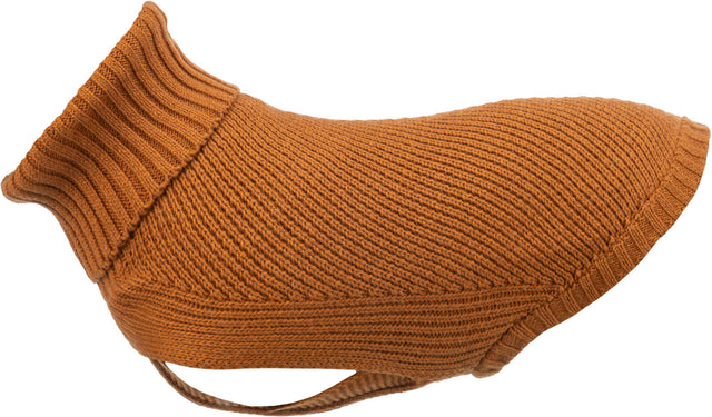 Brauner Strick-Hundemantel mit Rollkragen und Riemen, deutlich gewebte Struktur sichtbar.