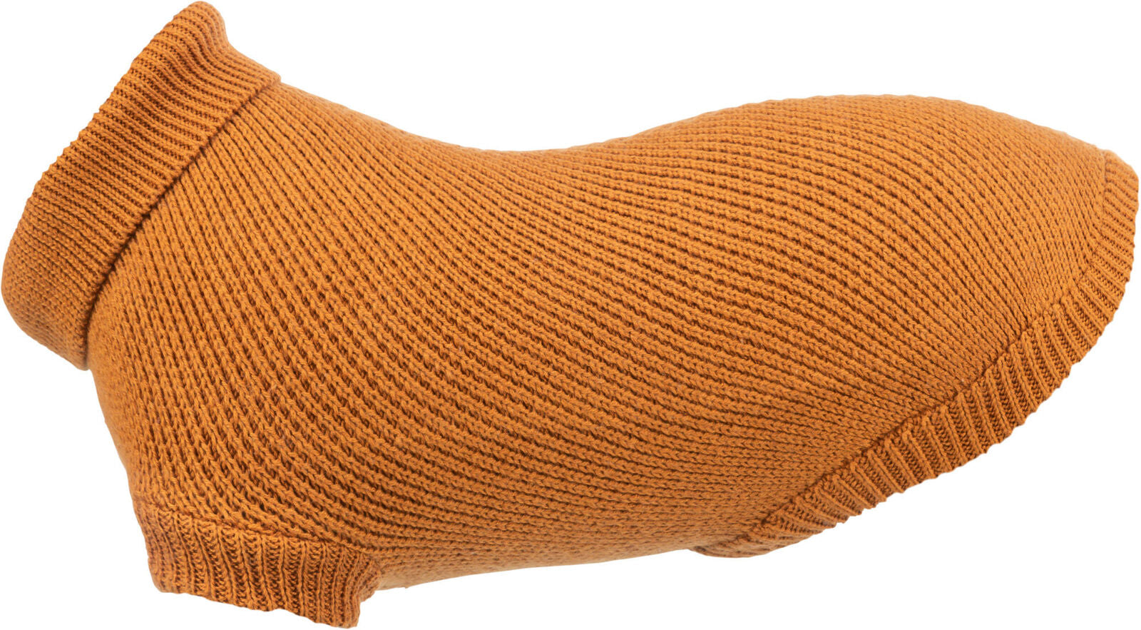 Orangefarbener, gestrickter Hundemantel ohne sichtbare Verzierungen oder Muster.