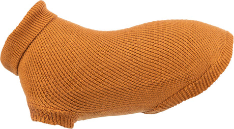 Orangefarbener, gestrickter Hundemantel ohne sichtbare Verzierungen oder Muster.