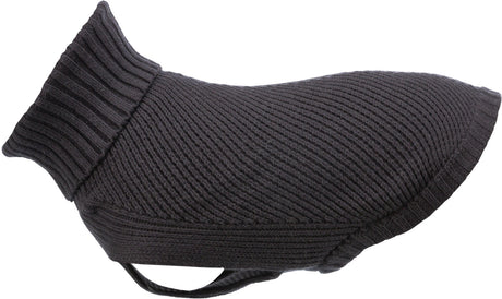 Dunkelgrauer Strickpullover für Hunde mit Rollkragen, seitlich aufgenommen.