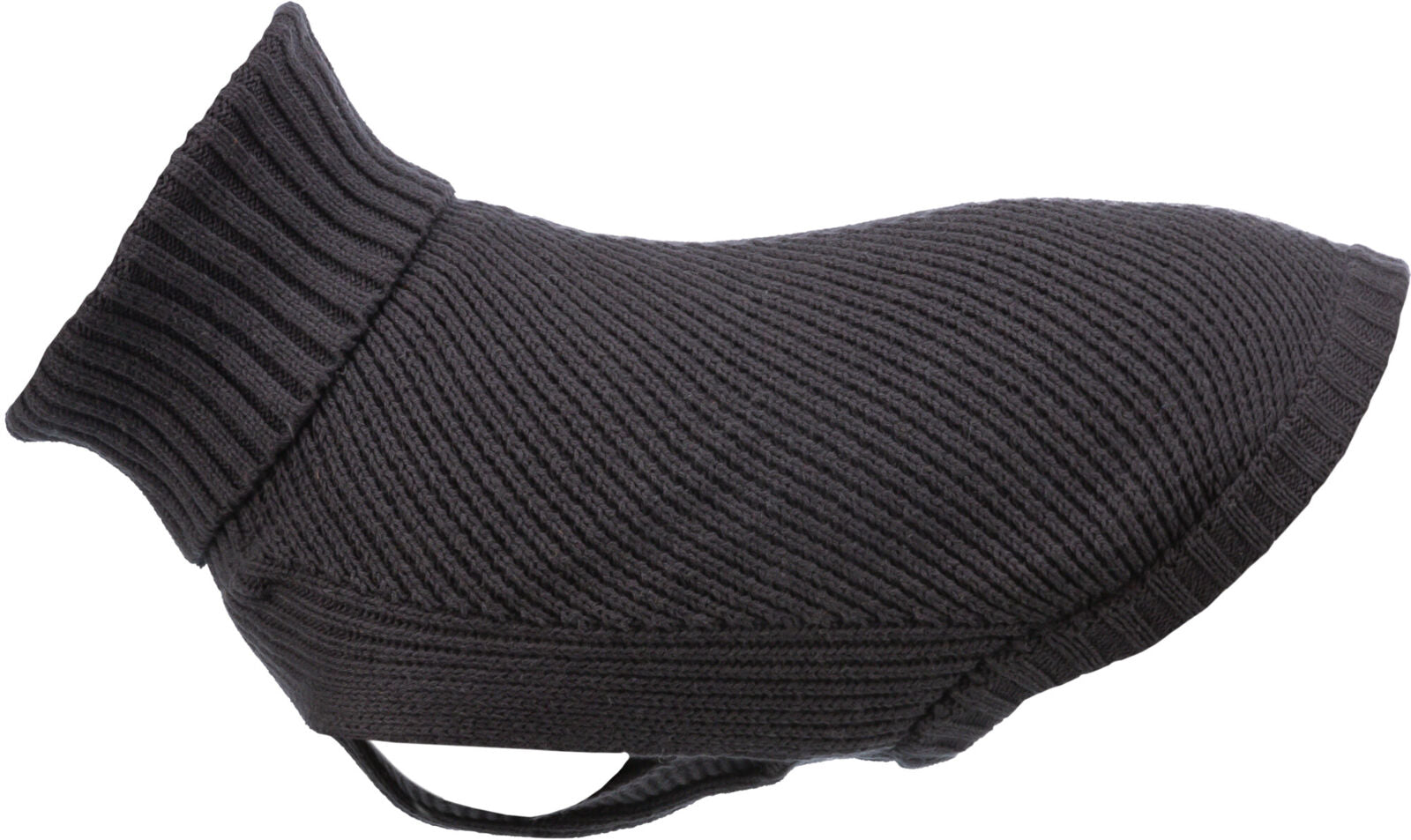 Dunkelgrauer Strickpullover für Hunde mit Rollkragen, seitlich aufgenommen.
