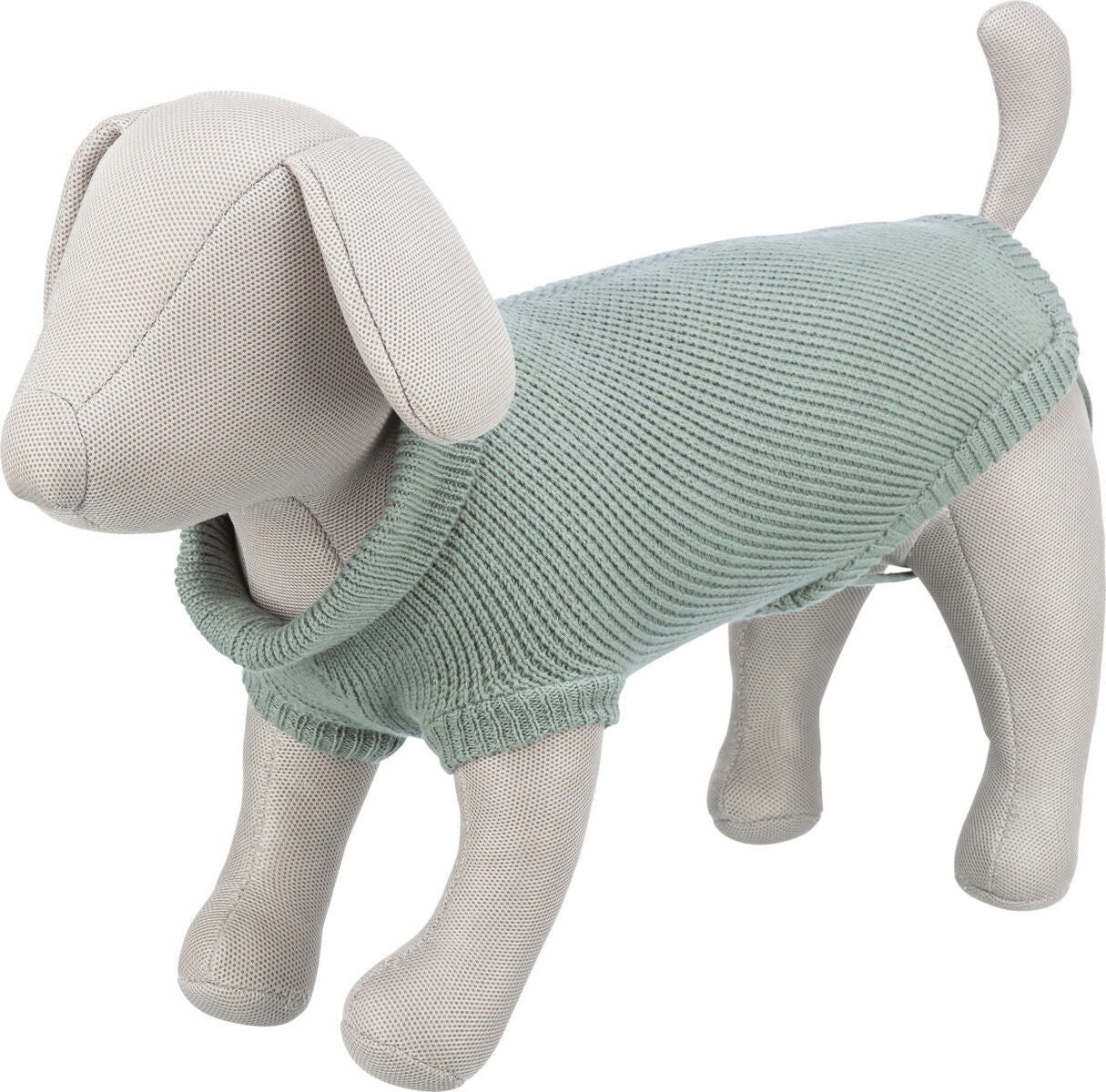 Stoffhund mit hellgrauem Pullover in Strickoptik, steht auf allen vier Beinen, der Pullover ist hellblau.