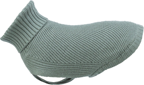 Gestrickter, hellgrauer Hundemantel mit Rollkragen und seitlicher Befestigungsschlaufe.