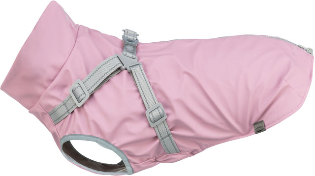 Rosa Hundemantel mit grauen Gurten und Schnalle, eine Öffnung an der Unterseite und ein Reißverschluss am Rücken.