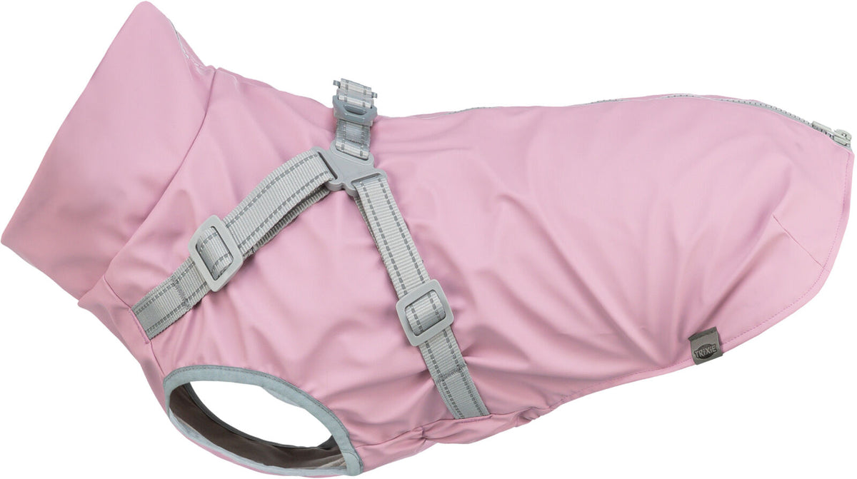 Rosa Hundemantel mit grauen Gurten und Schnalle, eine Öffnung an der Unterseite und ein Reißverschluss am Rücken.