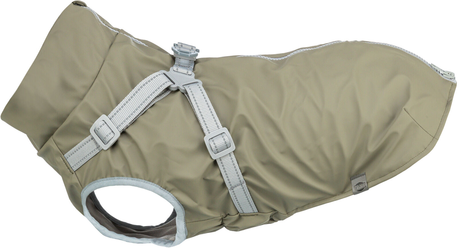 Beigefarbener Hundemantel mit grauen Schnallen und Klettverschlüssen, sichtbare Öffnung für den Kopf.