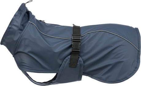 Blauer Hundemantel mit schwarzer Schnalle und reflektierenden Streifen, von der Seite gezeigt.