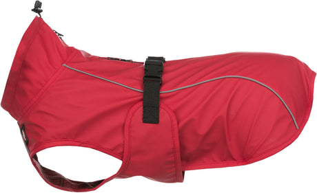 Roter Hundemantel mit schwarzem Verschluss und reflektierenden Streifen, seitlich abgebildet.