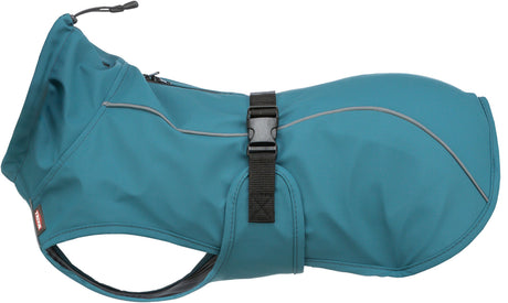 Blauer Hundemantel mit zwei reflektierenden Streifen und Schnalle zur Anpassung, Seitenansicht.