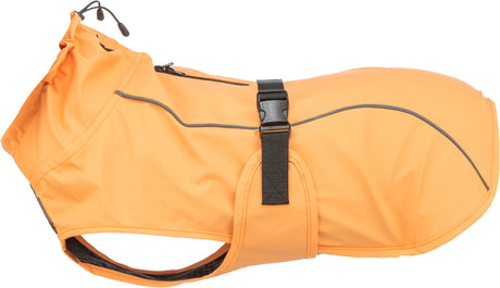Orangefarbene Hundejacke mit verstellbarem Gürtel und reflektierenden Nähten, Kapuze mit Kordelzug.